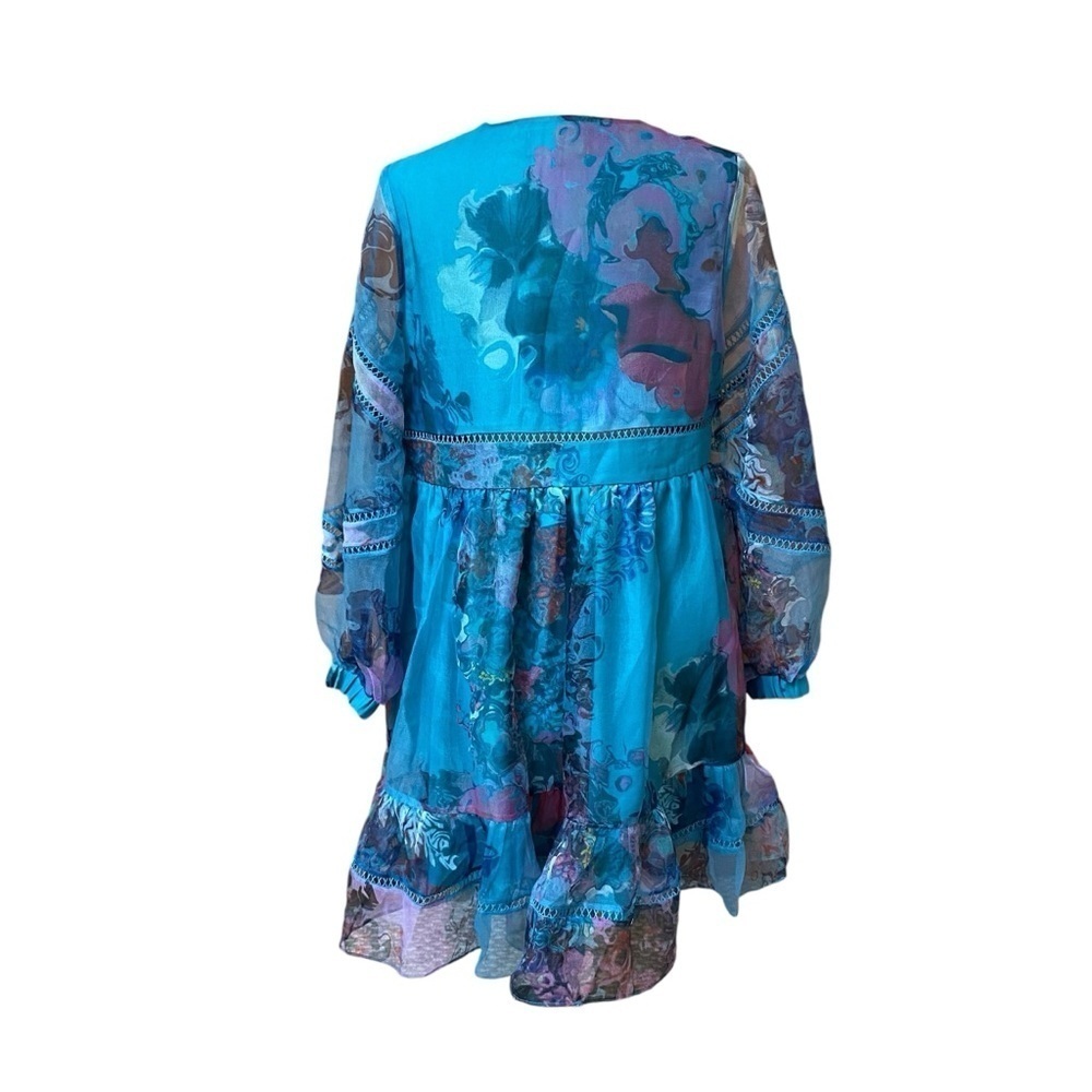 Cynthia Rowley Watercolor Hourglass Dress S Turquoise Organza Lace Mini Dress - Picture 11 of 16
